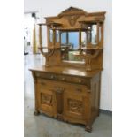 Victorian Oak Carved Sideboard With curio top. Approx. 80" H x 48" W x 24" D.  Refinished, excellent