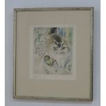 Mily Possoz, "Le Chat et la Mouche" Colored etching. Framed. Pencil signed, titled &  numbered 15/