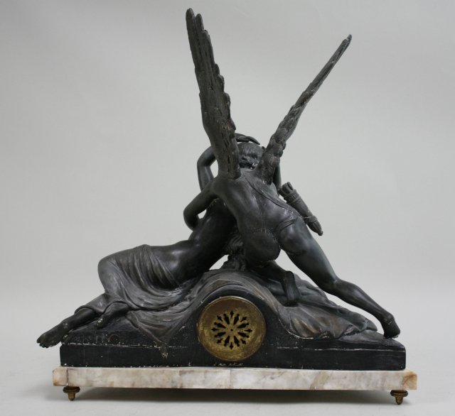 19th Century Amour et Psyche French Clock d'Apres Canova, Musee de Louvre. Spelter on  marble. - Image 5 of 6