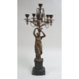 19th C. Figural Candelabra on Marble Base Depicting classical woman. Approx. 27" H.