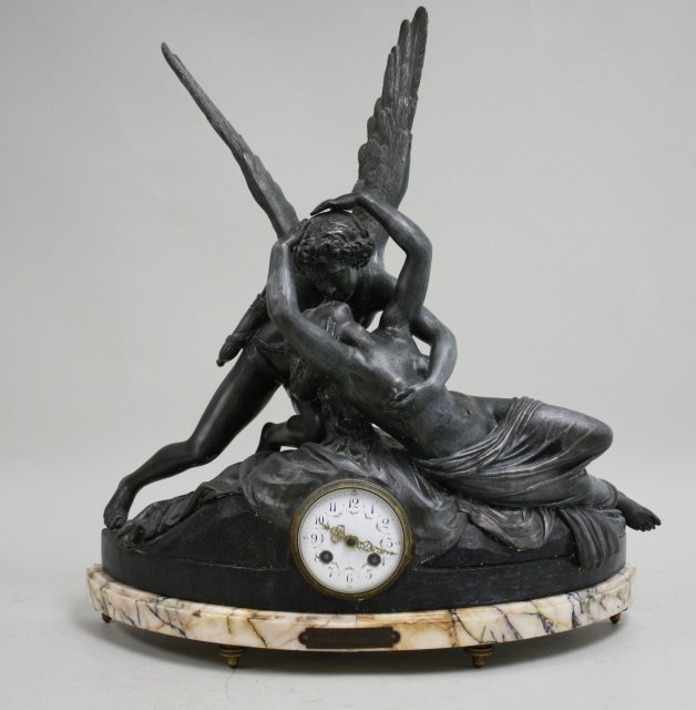 19th Century Amour et Psyche French Clock d'Apres Canova, Musee de Louvre. Spelter on  marble.