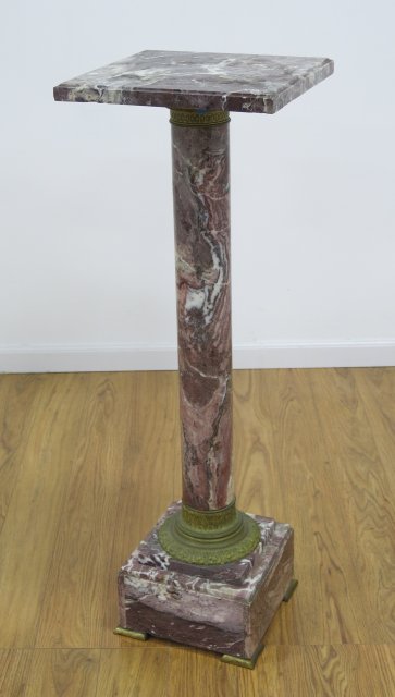 Bronze Mounted Top Square Rouge Marble Pedestal French. Approx. 41 1/2" H x 13 3/4" W.
