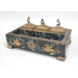 Bronze & Marble Inkwell Desk Set With dolphin handle tops. Approx. 7" H x 13 1/2" W  x 8 1/4" D. (