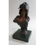 Contemporary Bronze Bust of a Lady on Marble Base After Villanis Bohemienne. Approx. 10 3/4" H with