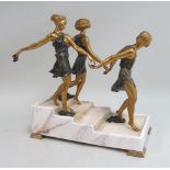 Three Nymphs, Polychrome Gilt Bronze On sculpted marble base. Art Deco. Approx. 17 1/2"  H x 18" W x