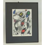 Joan Miro, Abstract Color lithograph. Framed. Pencil signed lower  right. Printer marked on rear,