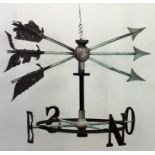 19th C. Copper Weather Vane Approx. 32" H x 51" D. Missing parts. Bent.  Oxidized. Missing parts.