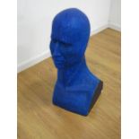 Plaster Bust Painted Blue Approx 28" H. Chips to edge. Chips to edge.
