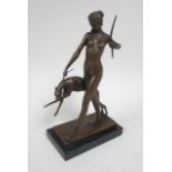 Nude Huntress Walking Dog, Bronze On marble base. Signed E. McCartun. Contemporary.  Approx. 12 1/2"