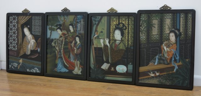 4 Reverse Painted Glass Chinese Pictures