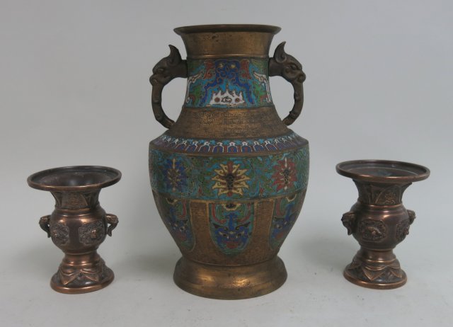 Pair of Chinese Vases & 1 Japanese Cloisonne Vase