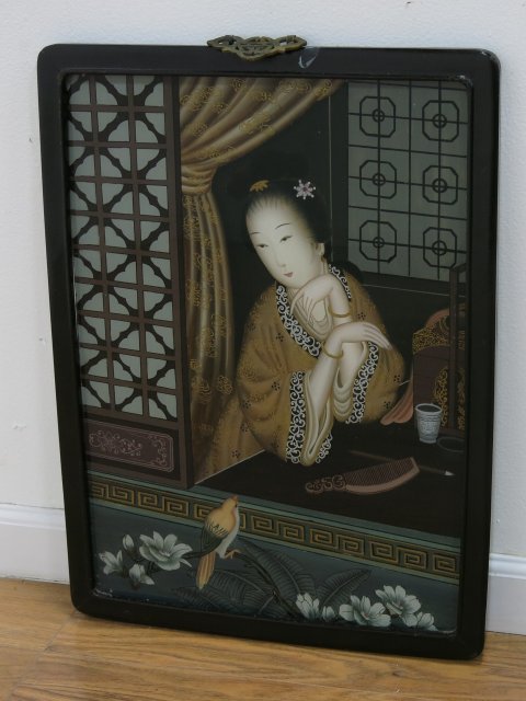 4 Reverse Painted Glass Chinese Pictures - Image 2 of 5