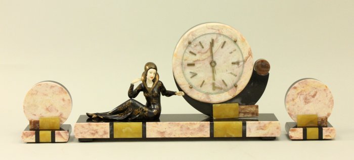 French Art Deco Figural 3 piece Clock Set