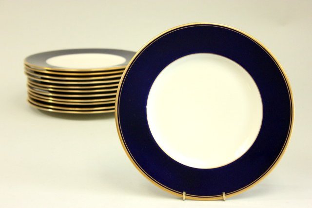 Set of 12 Cobalt Blue with Gold Rim Plates