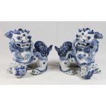 Pair Chinese Blue & White Porcelain Foo Dogs