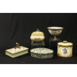 Set of 4 ceramic & brass boxes & compote