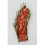 Chinese Carved Coral Figure Mounted on 14kt Brooch