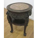 Chinese Carved Teak Table with Marble Inset