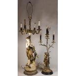 Two Lamps One bronze 5-arm candelabra. One spelter 4-arm  figural lamp. Taller approx. 34" H.