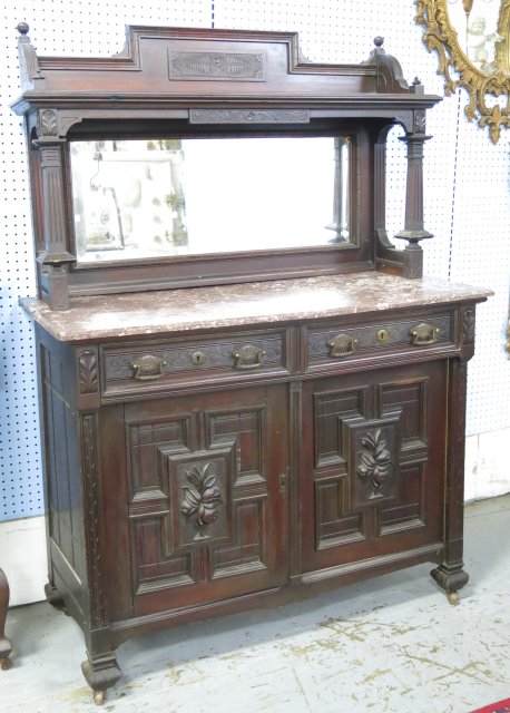 Carved English Walnut Marble Top Server Beveled mirror. 2 doors, 2 drawers. Carved fruit  on