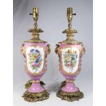 Pair Old Paris Porcelain Brass Mounted Lamps Approx. 21" H.