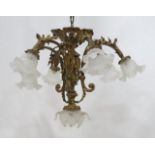 Baroque Style Bronze 7 Light Chandelier Early to mid 20th century. Approx. 34" H to  ceiling