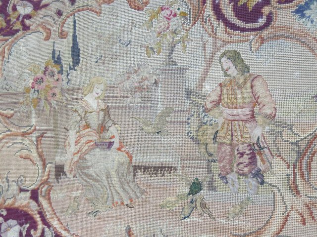 Framed Needlepoint & Petitpoint Courting scene. 19th century. Approx. 25" H x 48"  W. - Image 2 of 2