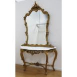 Heavily Carved Marble Top Console with Mirror Approx. 32" H x 54" W x 18" D.