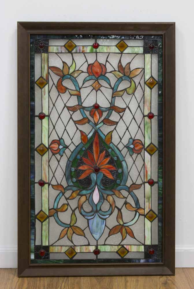 Stained Glass Window Wood framed. Approx. 33" H x 19" W, 36" H x 22" W  framed.