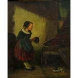 Josef Haier, Young Girl Feeding Kittens Oil on canvas laid on board. Framed. Signed lower  right.