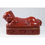 Chinese Red Republic Period Cinnabar Box Depicts child reclining. Approx. 8 1/4" H x 12" W  x 5"