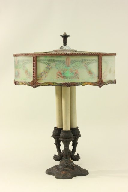 Reverse Painted Lamp with Candlestick Base Approx. 25" H x 18" D. As-is. Panel cracked. As-is. Panel