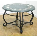 Pietra Dura Marble Top Table With iron base. Approx. 19 1/2" H x 28 1/2" D.