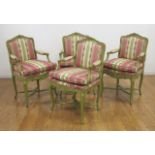 Set of 4 Louis XV Style Green Painted Fauteuils Approx. 37 1/2" H x 23 1/2" W x 21" D. (4126)