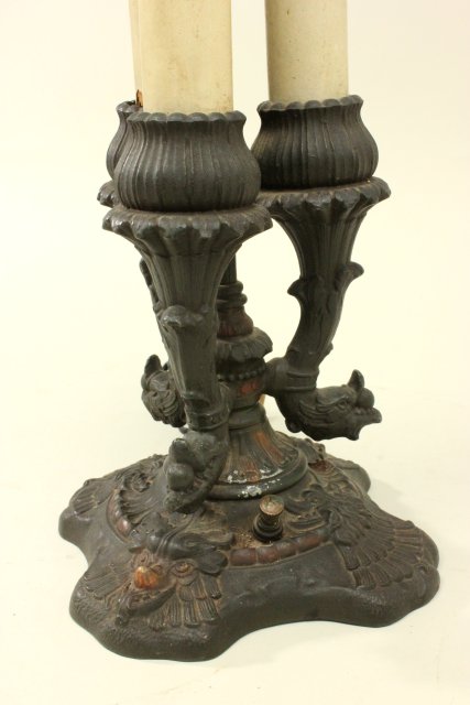 Reverse Painted Lamp with Candlestick Base Approx. 25" H x 18" D. As-is. Panel cracked. As-is. Panel - Image 5 of 6