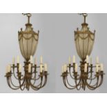 Pair George III Style Brass 18 Light Chandeliers Approx. 54" H x 30" D. 4 panes cracked. 4 panes