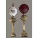 2 Banquet Lamps Gilt metal and onyx with ruby red shade, approx.  33" H. Bradley & Hubbard gilt