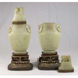 Pair Chinese Incense Burners Soft carved stone. Mounted as lamps. With foo dogs  on lids. Approx. 10