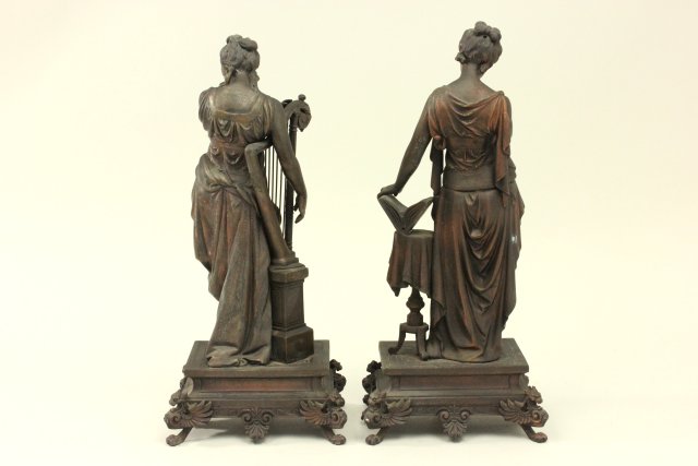 Pair Ansonia Metal Female Figures "Knowledge & Music." Approx. 17 1/2" H. - Image 6 of 6