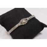 Art Deco 14K Gold Filigree Bracelet With diamond and sapphires. Approx. 1.3 grams.  Approx. 9