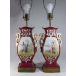 Pair of Old Paris Porcelain Vases Mounted as Lamps With griffon handles. Decorated with handpainted