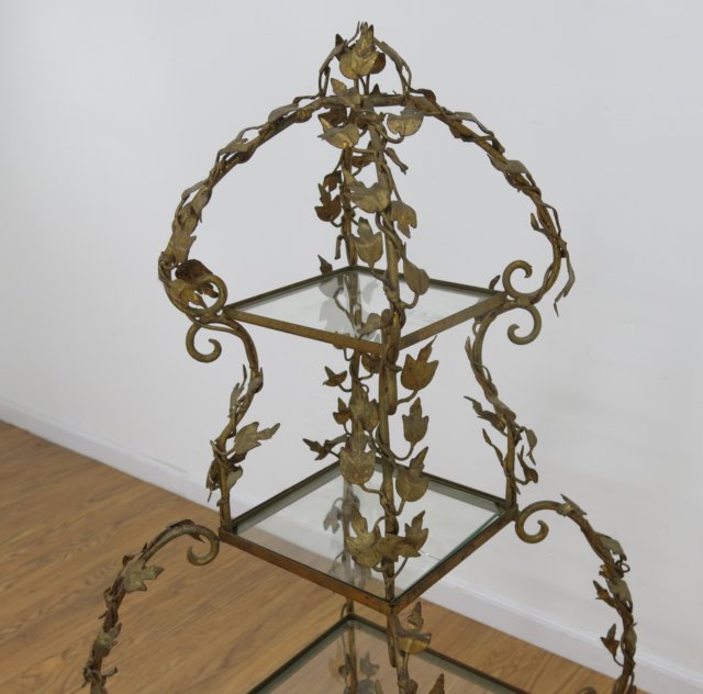 4 Tier Gilt Metal Floral Glass Stand Approx. 52" H x 19" W x 19" D. Crack in glass on  second - Image 4 of 4