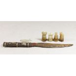 Lot of 6 Asian Items Including silver & gold inlaid bayonet, 4 small  soapstone pieces, probably
