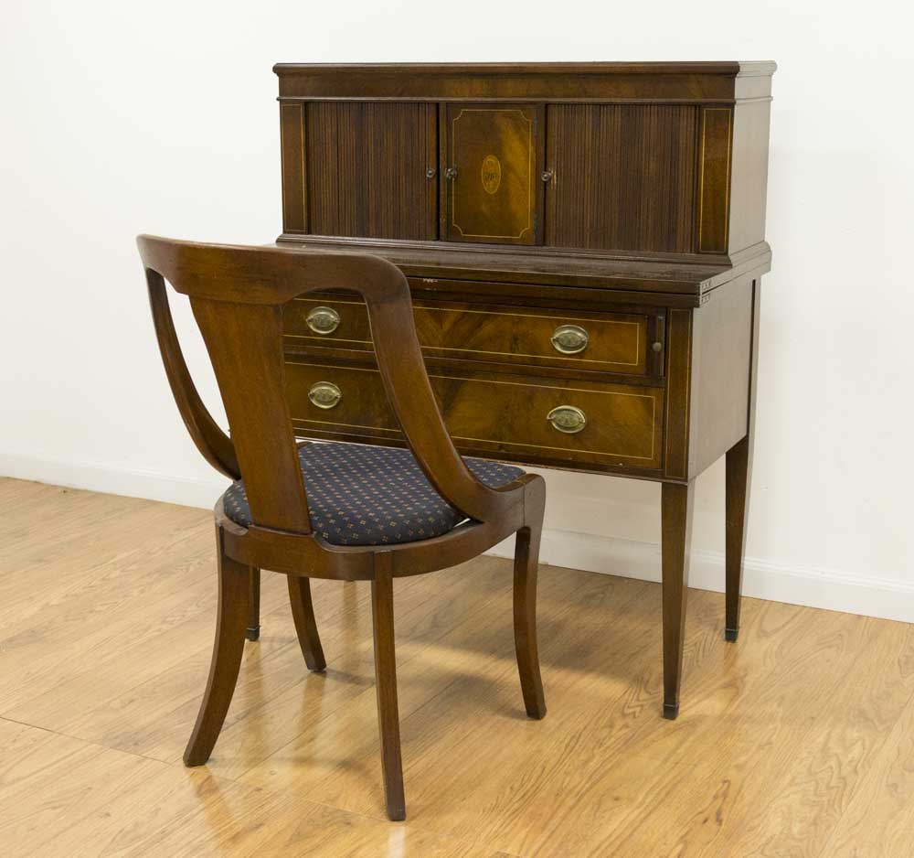 Regency Style Mahogany Desk with Chair Circa 1940s. Tambour doors. Desk approx. 43" H x  36" W x 19"