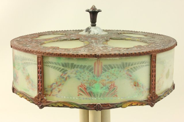 Reverse Painted Lamp with Candlestick Base Approx. 25" H x 18" D. As-is. Panel cracked. As-is. Panel - Image 2 of 6