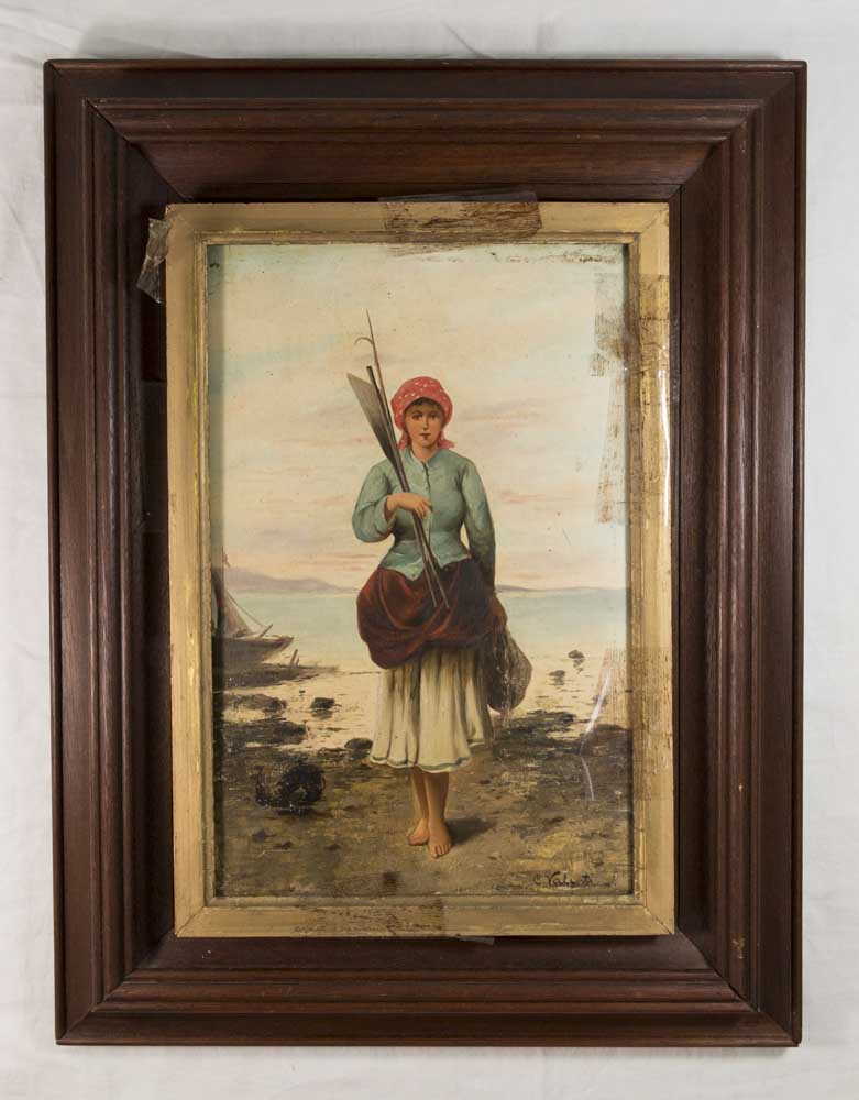 C. Valenti Oil on Board European fisherwoman at seashore. Oil on board.  Signed lower right. Approx.