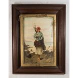 C. Valenti Oil on Board European fisherwoman at seashore. Oil on board.  Signed lower right. Approx.