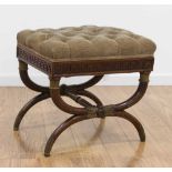 Regency Style Carved Stool with Gilt Highlights Tufted upholstery. Approx. 19" H x 20" W x 16 1/