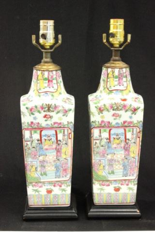 Pair Chinese Rose Medallion vases mounted as lamps On wood bases. Vases approx. 12.5" H, 25.5" H