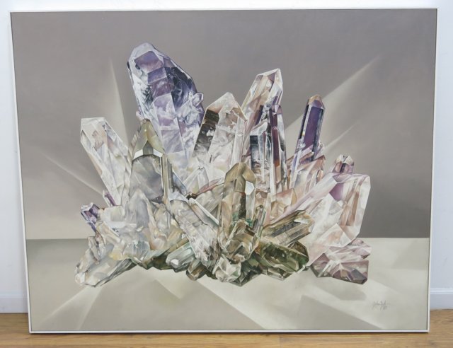 John Zak, "Grey Amethyst Crystal" Oil on canvas. Signed and dated 1987 verso.  Approx. 44" H x 56" - Image 2 of 4